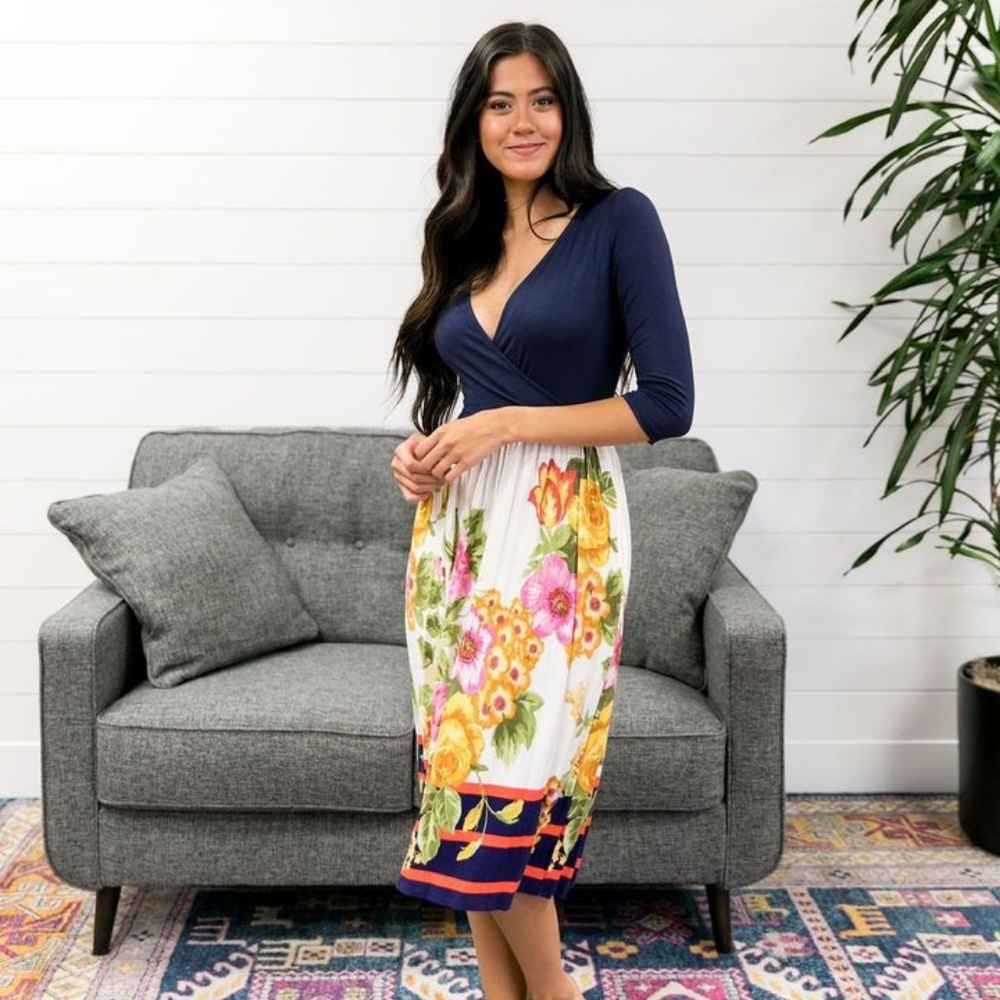 Navy + Floral Faux Wrap Dress